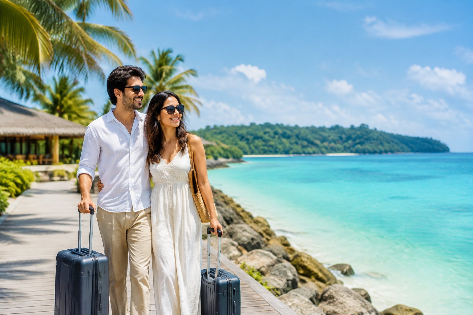 A newlywed couple with luggage enjoying a tropical Andaman beach near a resort.