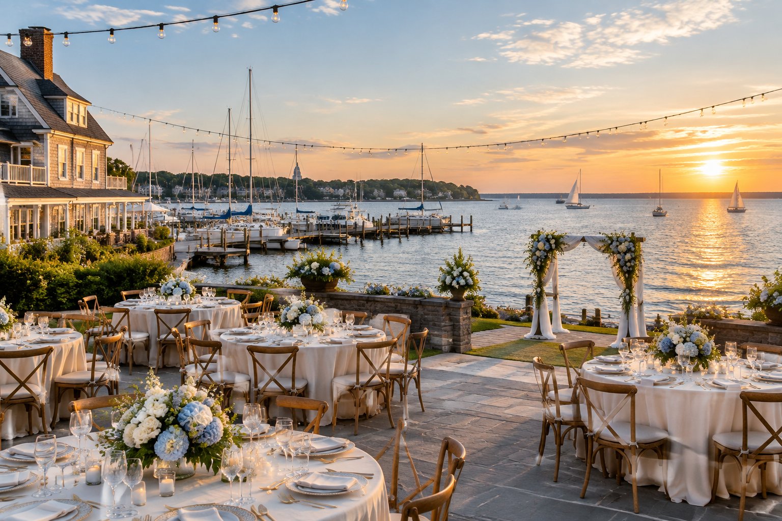 Elegant waterfront wedding venue overlooking the Chesapeake Bay with sailboats, decorated tables, and a floral ceremony arbor.