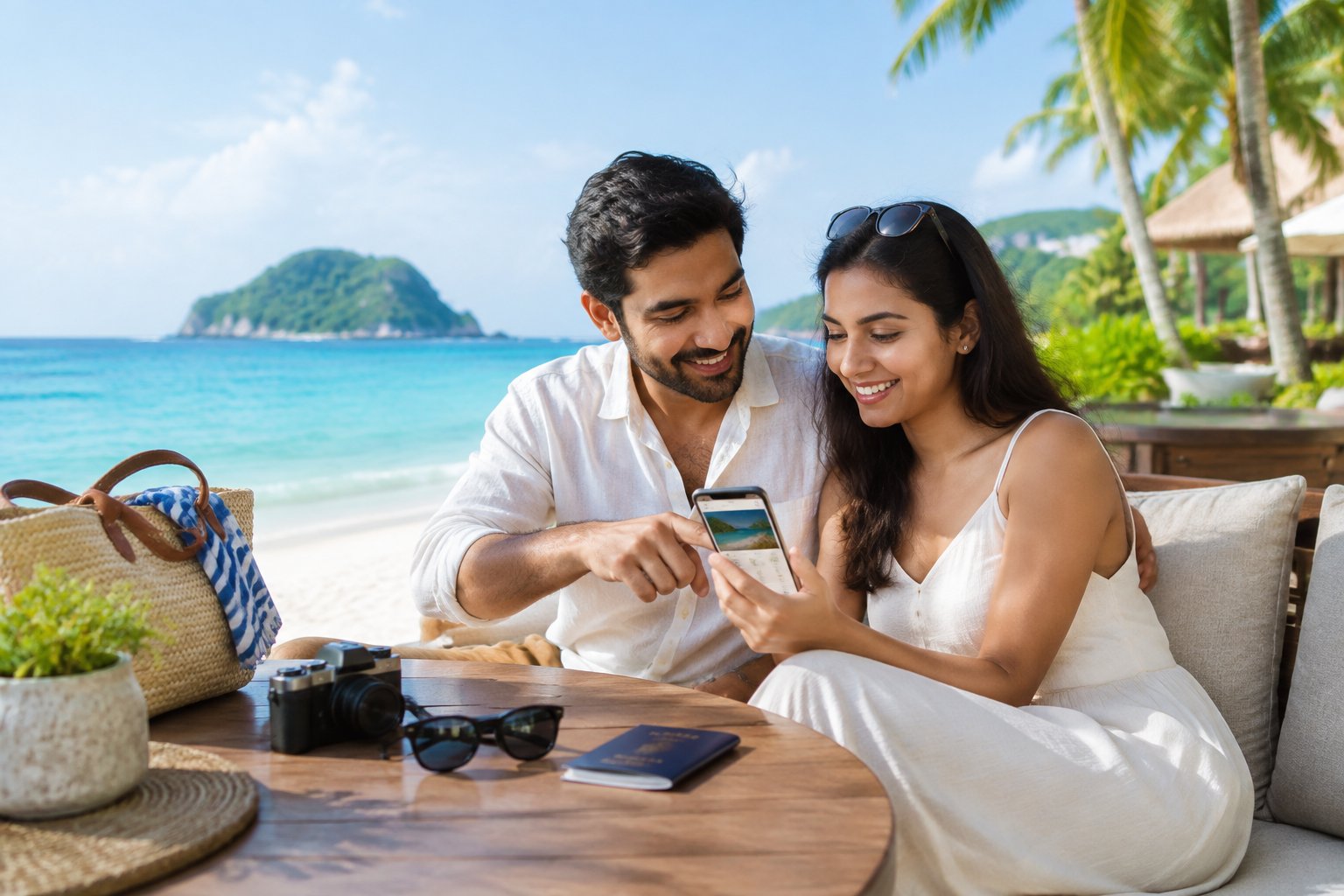 A newlywed couple reviews travel plans beside a tropical beach in the Andaman Islands.