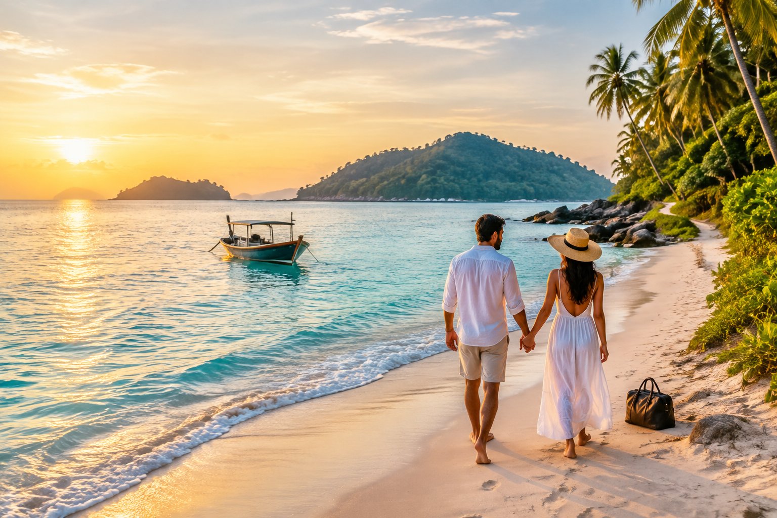 A newlywed couple walks hand in hand along a tropical beach toward distant green islands.