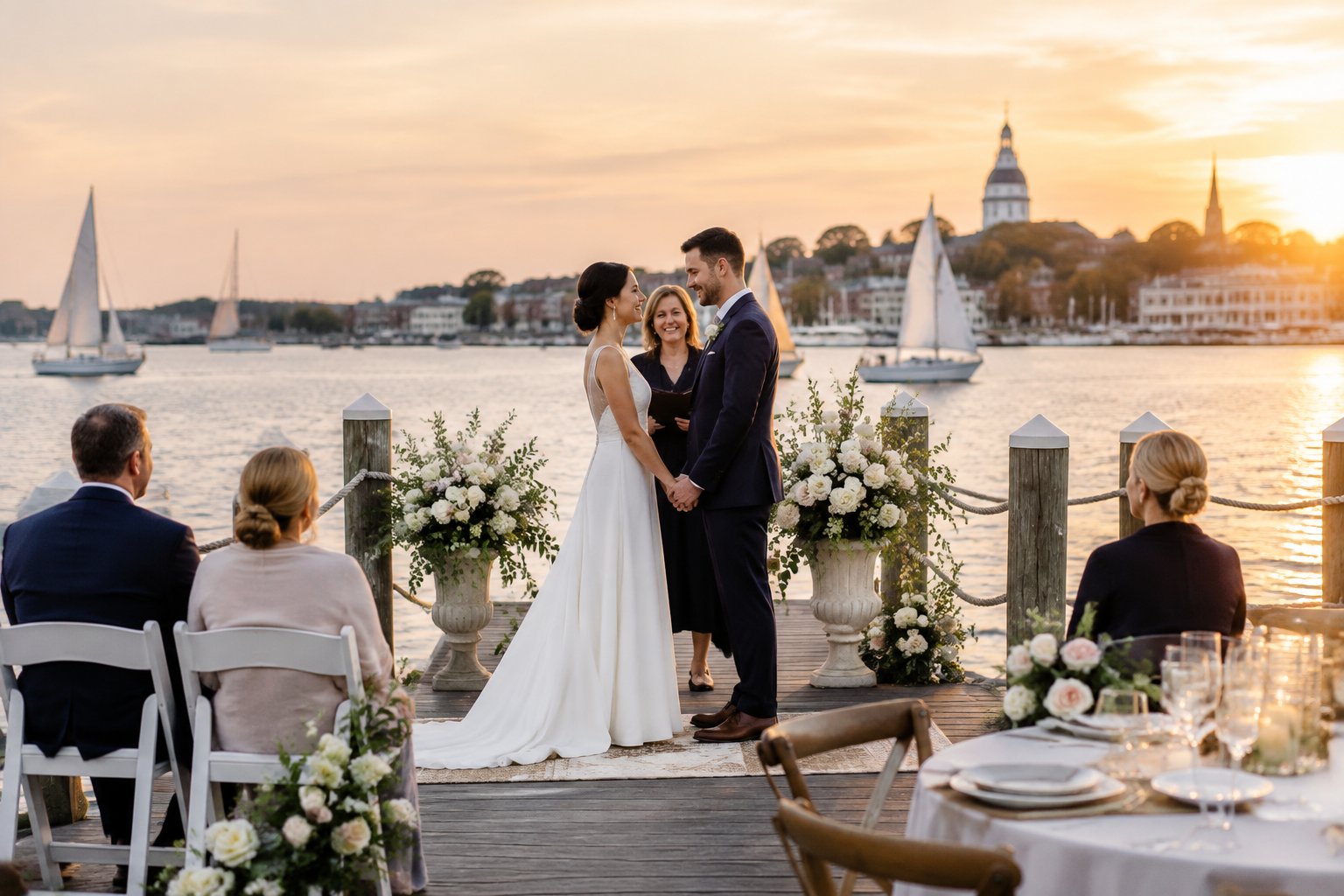 A newlywed couple celebrates with a small group beside an Annapolis waterfront venue at sunset.