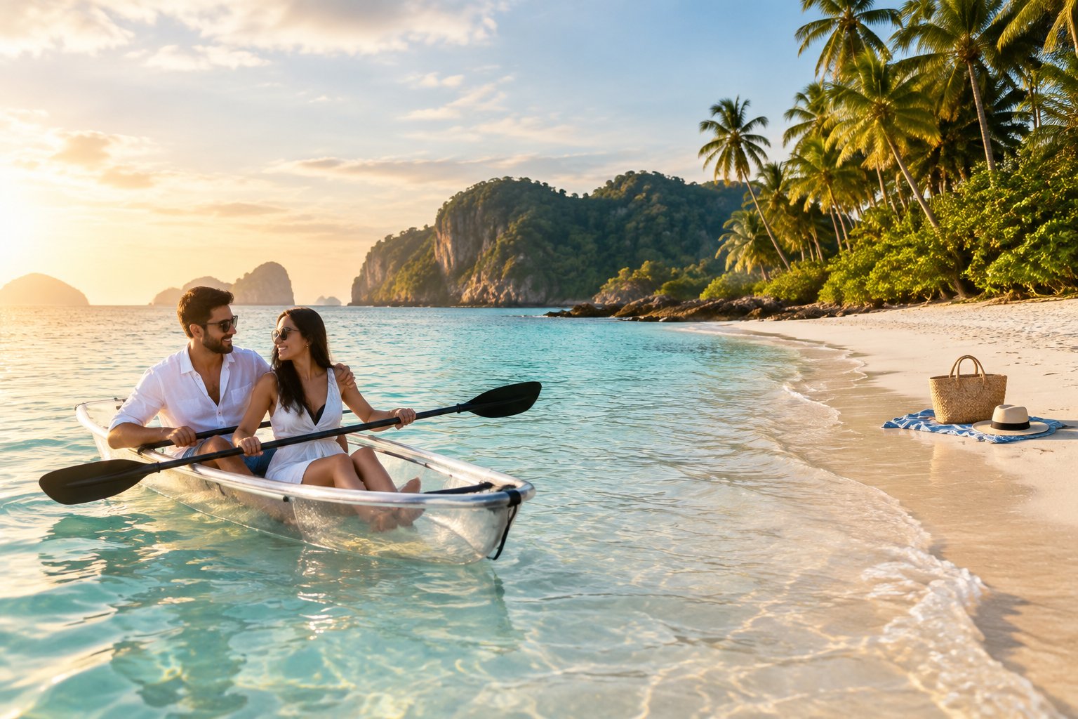 A newlywed couple enjoys a kayak near a tropical beach in the Andaman Islands.