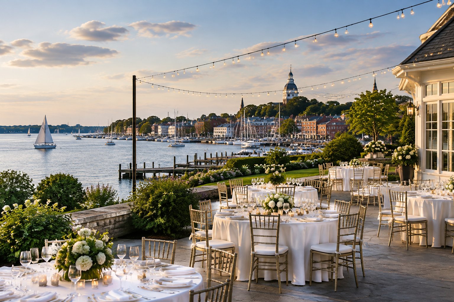 Waterfront wedding venue with an elegant reception setup overlooking a marina and calm bay waters.
