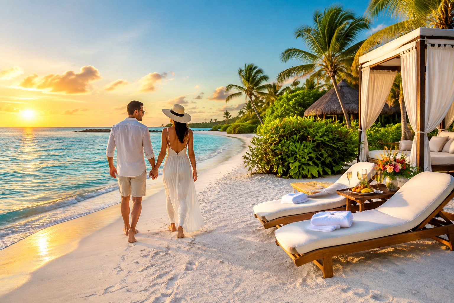 A couple walks along a sunny white-sand beach beside a tropical resort in Aruba.