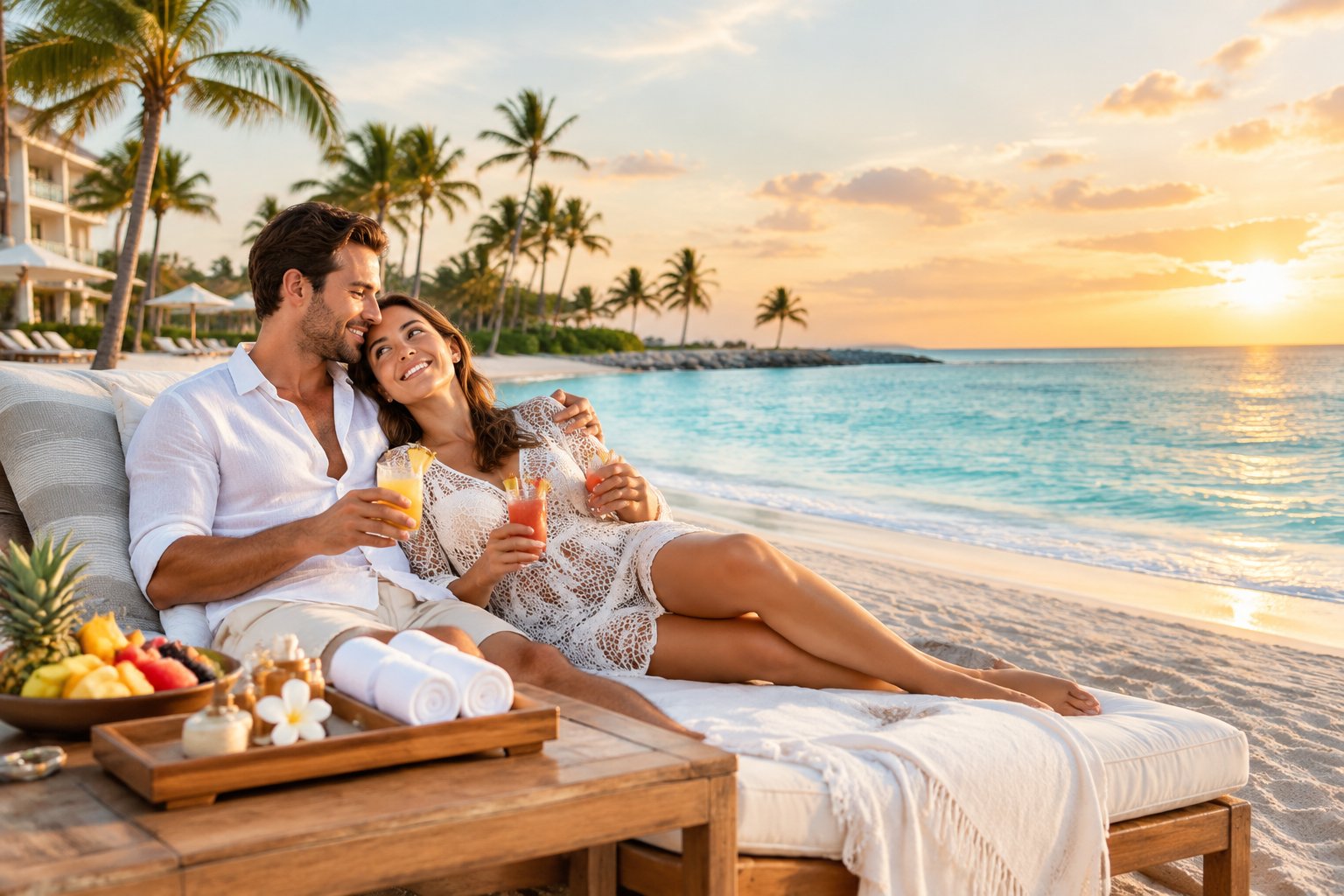 A newlywed couple relaxes on a sunny Aruba beach beside a tropical resort and a table of refreshments.