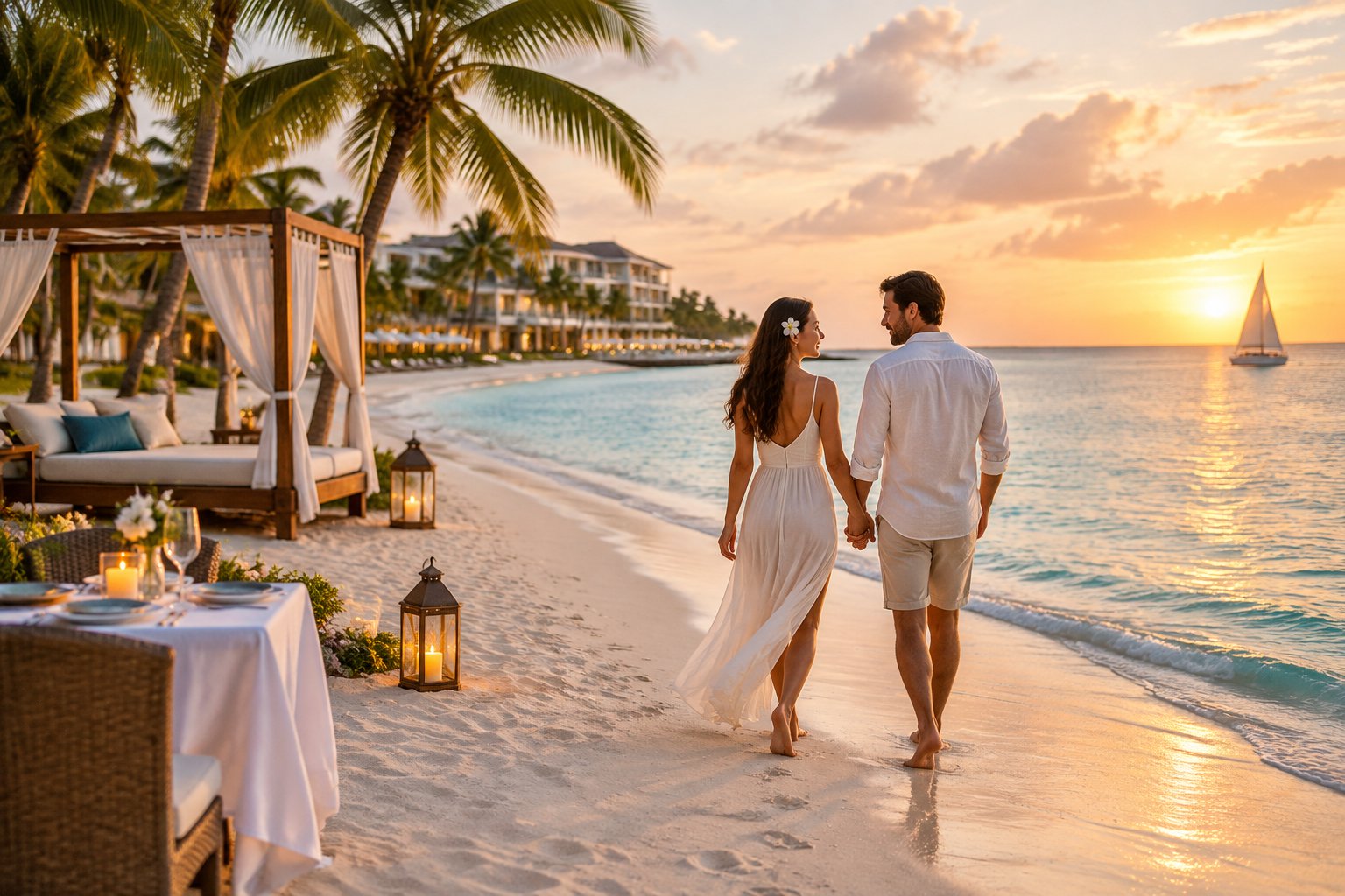 A newlywed couple walks along a tropical beach beside a luxurious Aruba resort at sunset.