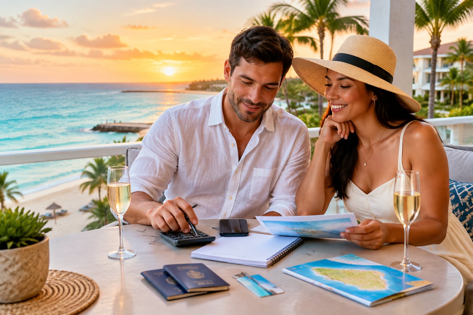 A couple reviews vacation planning materials at a tropical resort overlooking the Caribbean.