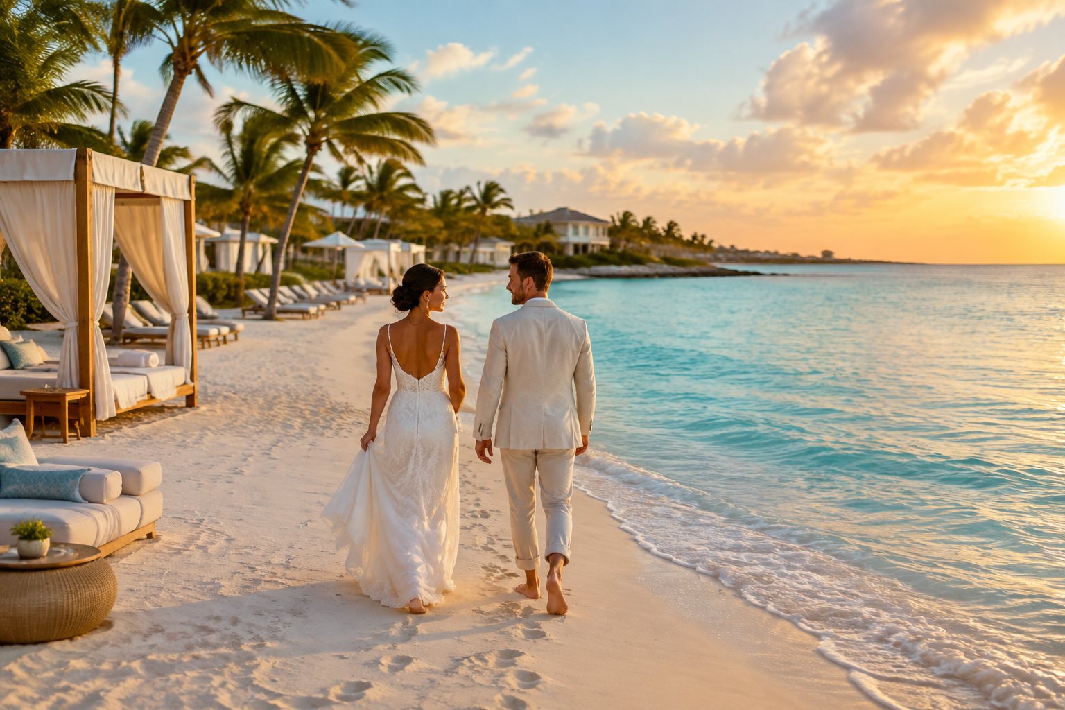 Newlywed couple walking along a tranquil Aruba beach near a luxury resort at sunset.
