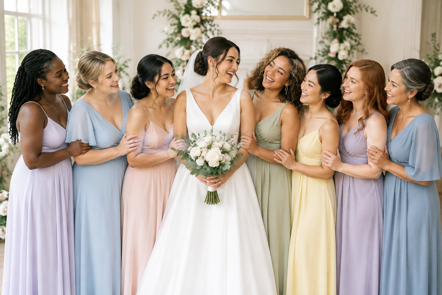 A bride smiles with her seven bridesmaids at an elegant wedding venue.