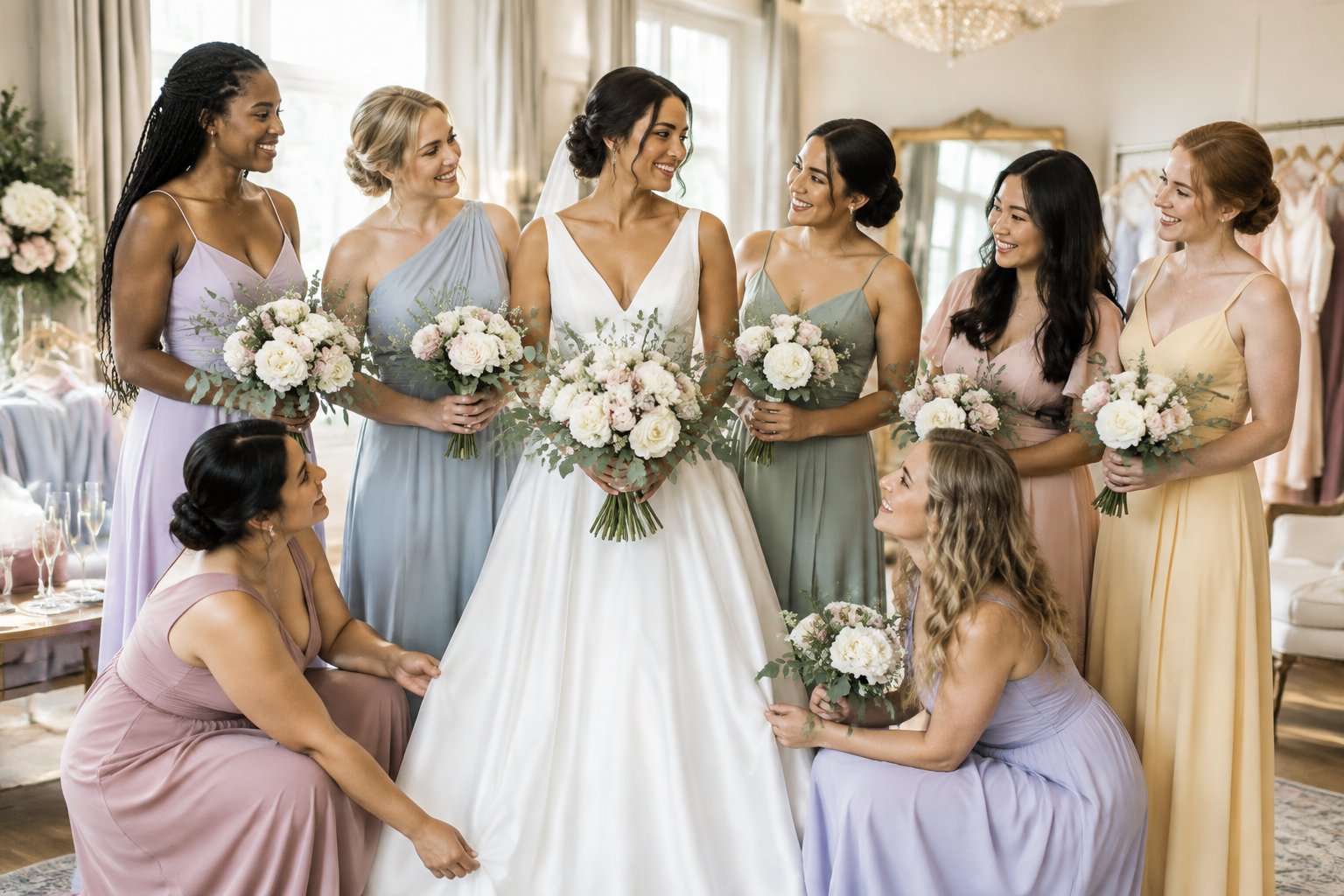 A bride stands with seven bridesmaids in an elegant wedding preparation room.