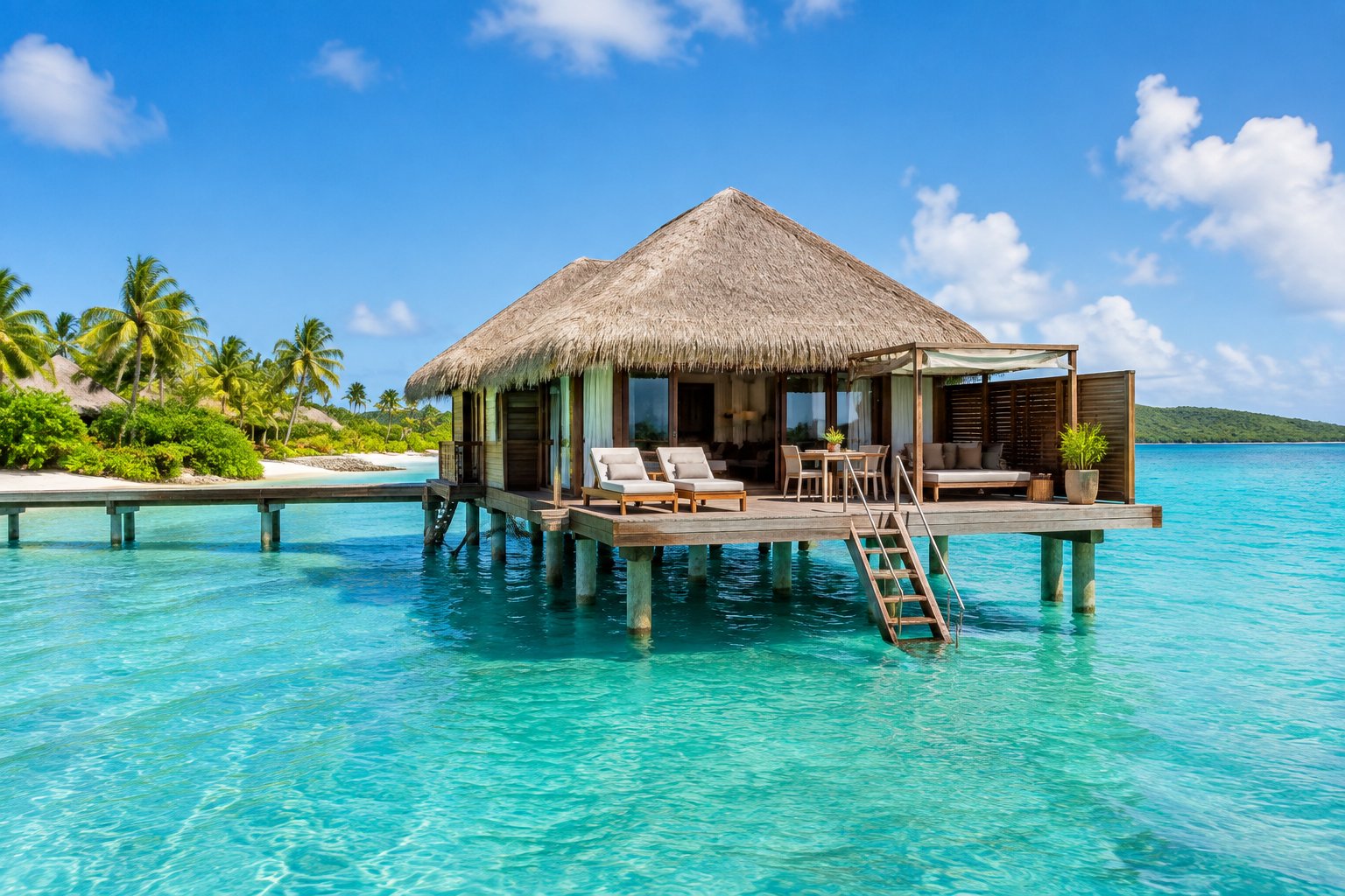 A luxurious overwater bungalow surrounded by turquoise Caribbean water and tropical greenery.