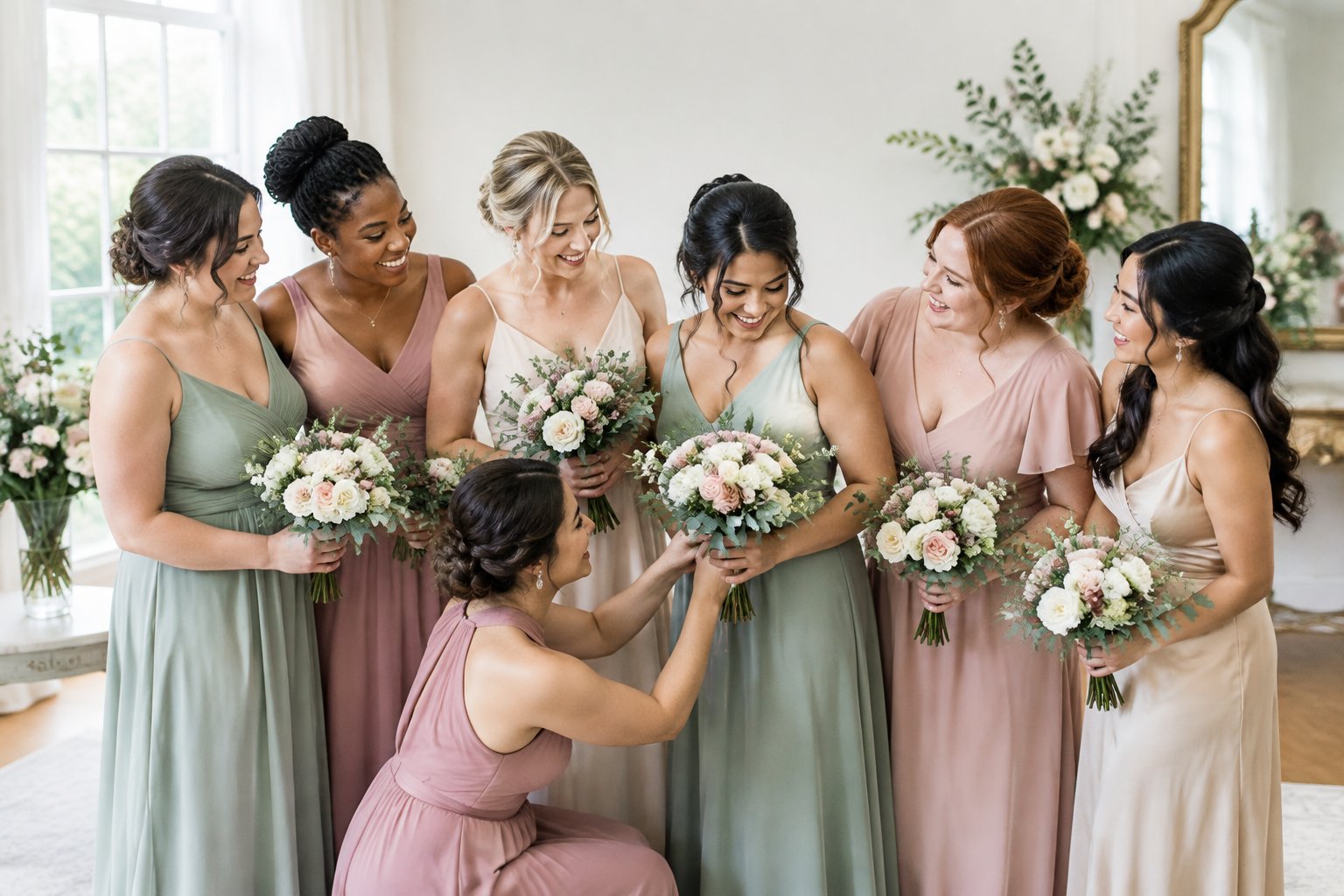 Seven bridesmaids gather happily together in an elegant wedding venue.