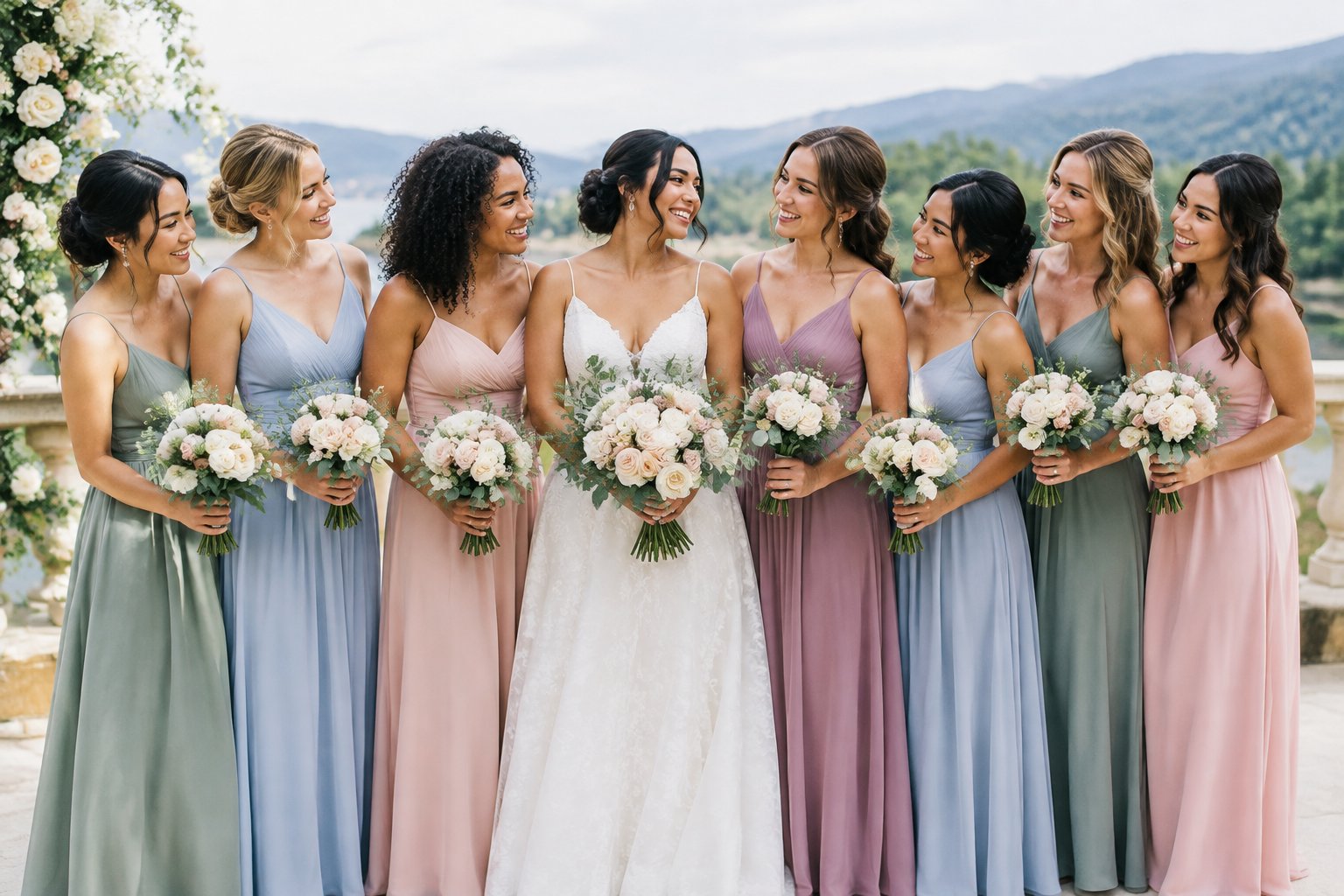 A bride stands surrounded by seven smiling bridesmaids at an outdoor wedding.