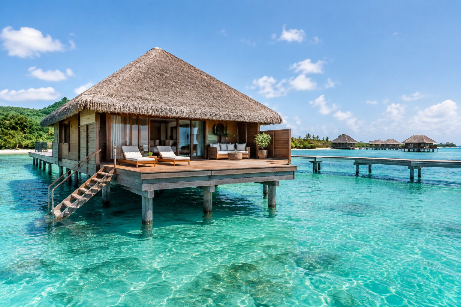 A luxury overwater bungalow stands above clear turquoise water beside a tropical Caribbean shoreline.