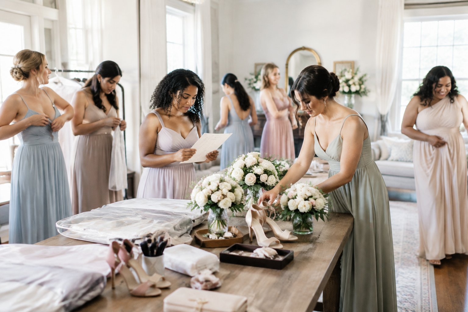 Seven bridesmaids organize dresses, bouquets, and personal items in a bright wedding preparation room.