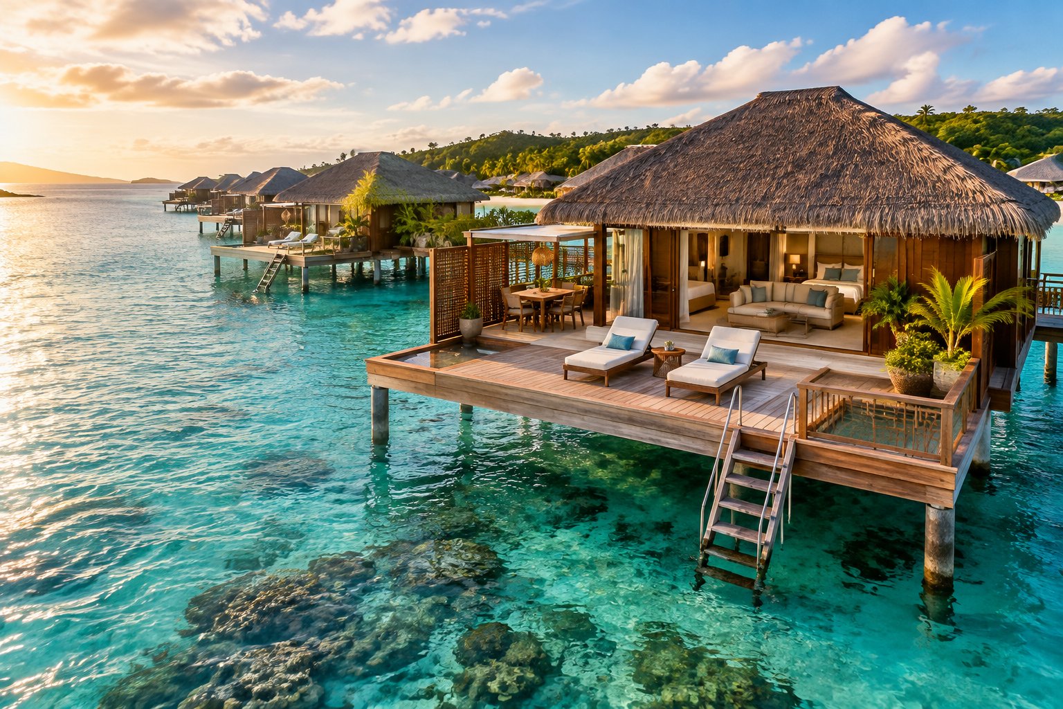 A luxurious overwater bungalow with a private deck above clear turquoise Caribbean water.