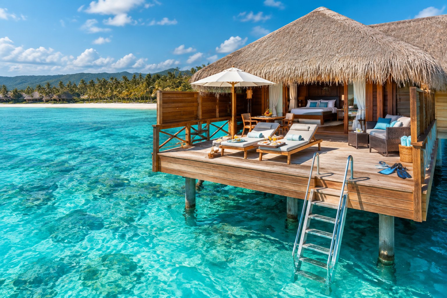 A luxurious overwater bungalow with a private deck above clear turquoise water in Antigua.