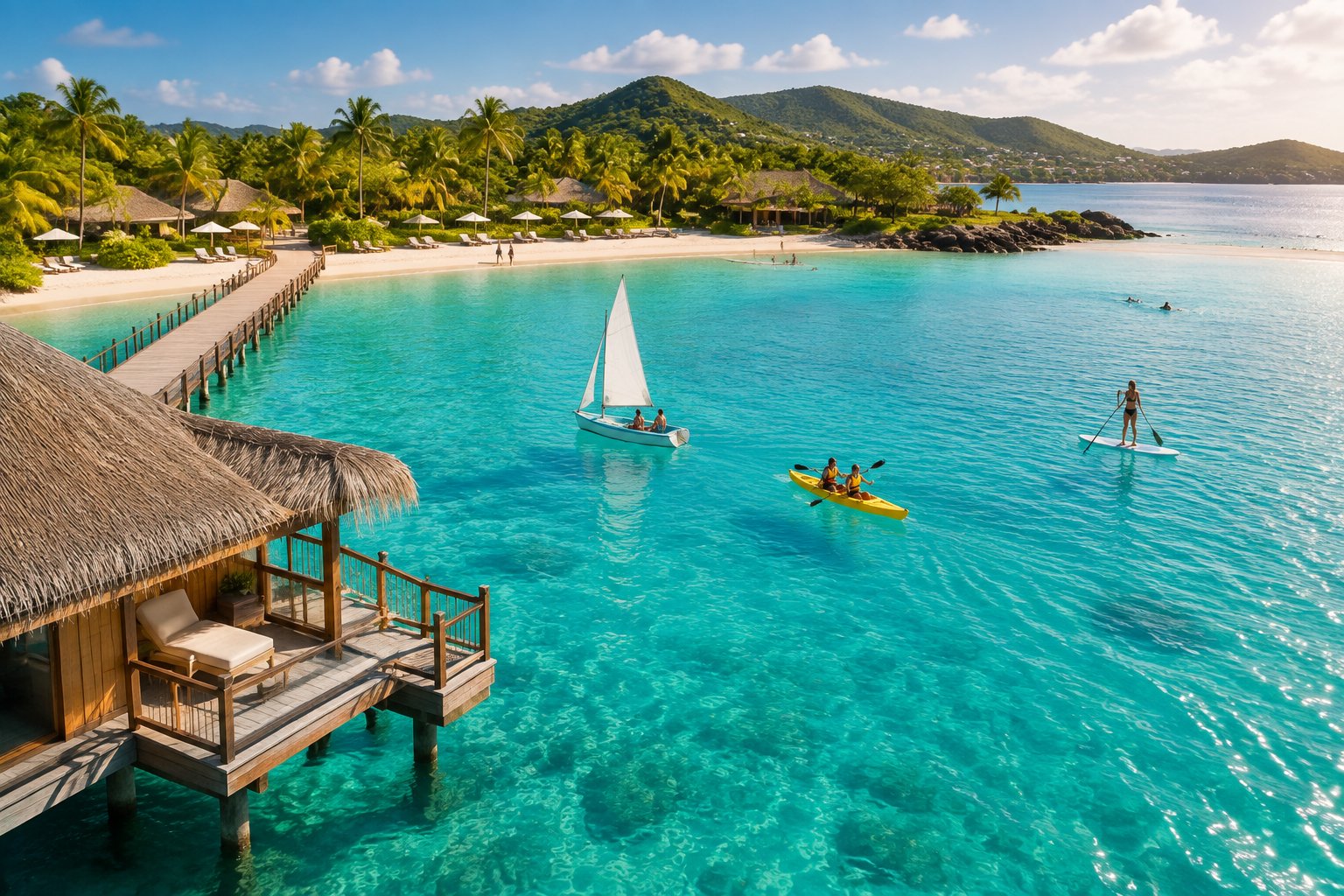 An overwater bungalow overlooks turquoise Caribbean water, a tropical beach, and guests enjoying boats and water activities.