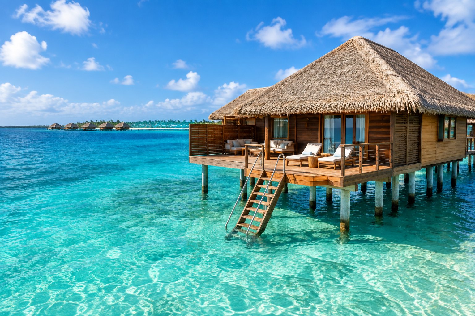 A tropical overwater bungalow above clear turquoise water in Aruba.