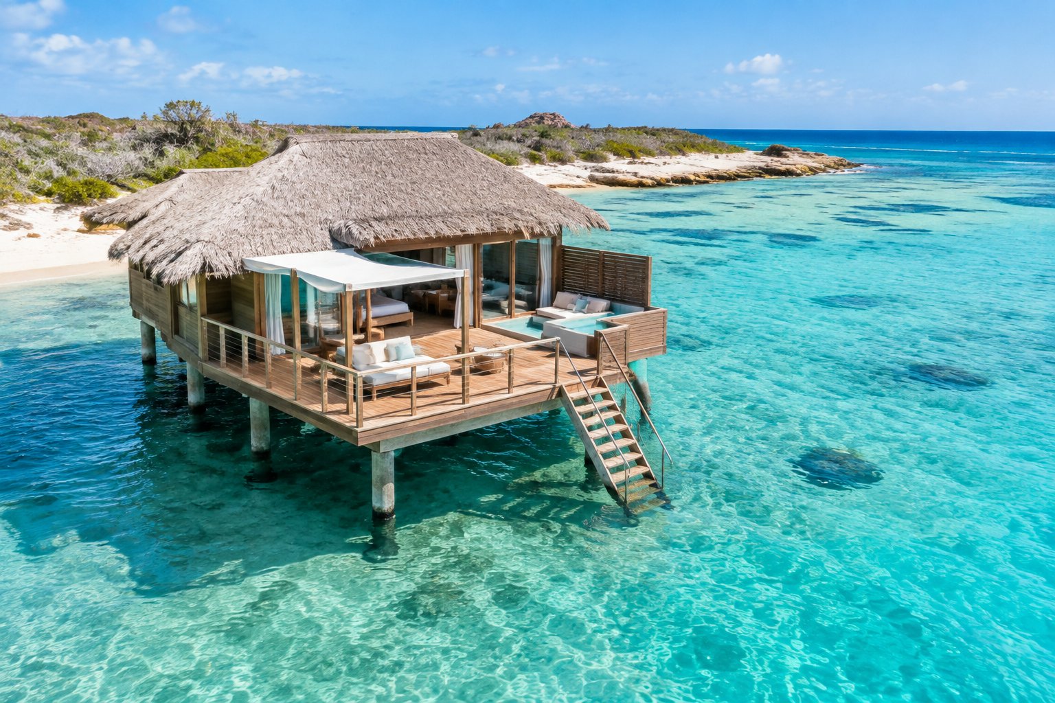 A luxurious bungalow extends over clear turquoise Caribbean water near Aruba.