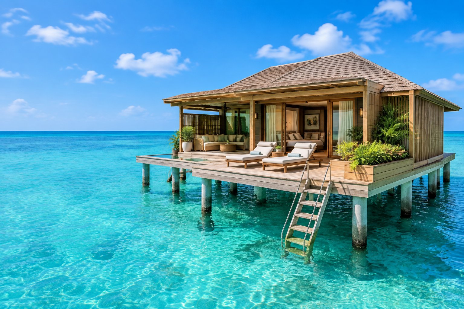 A luxurious overwater bungalow with a furnished deck above clear turquoise Caribbean water.