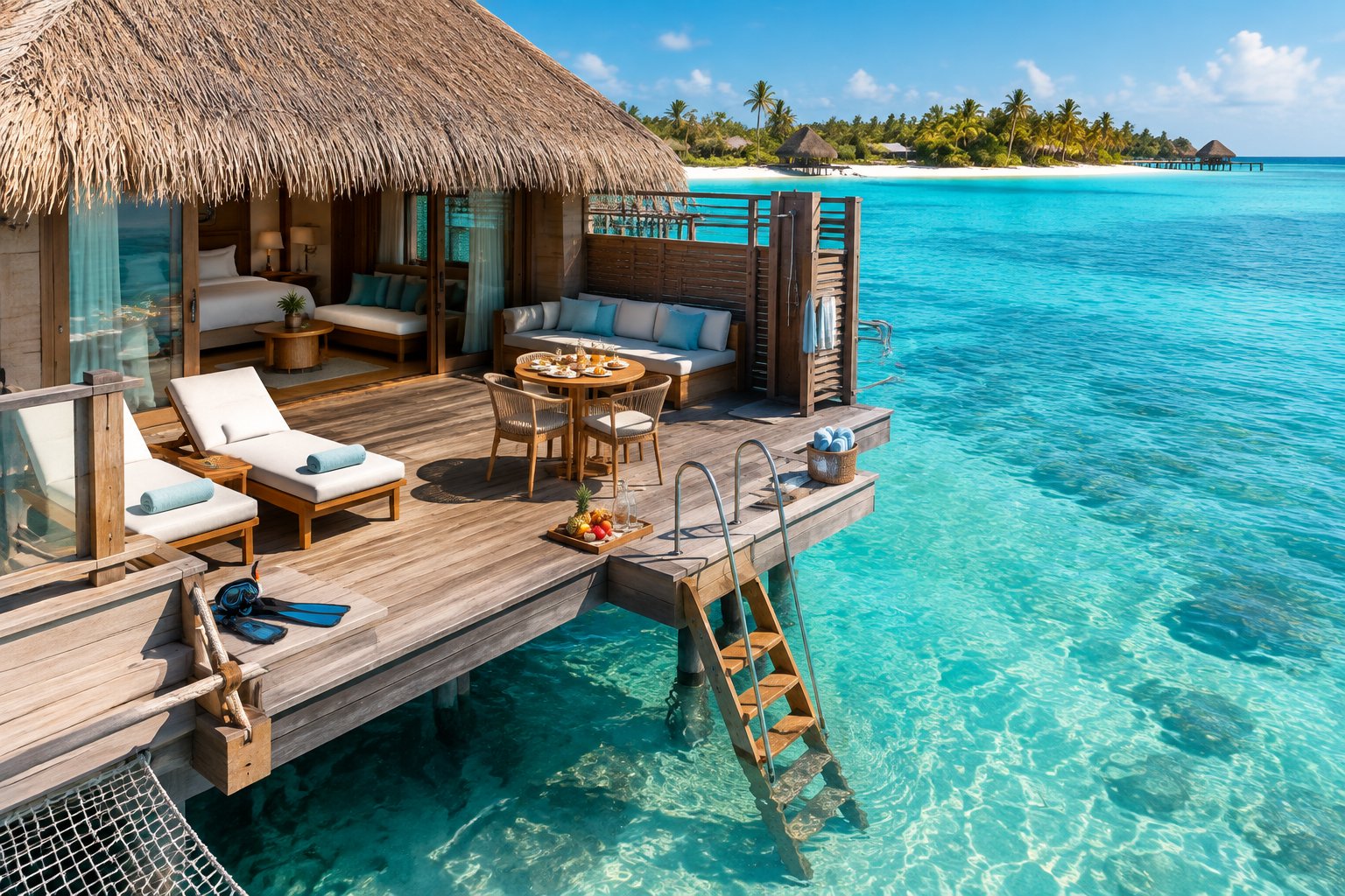 A private overwater bungalow with a furnished deck above clear turquoise Caribbean water.