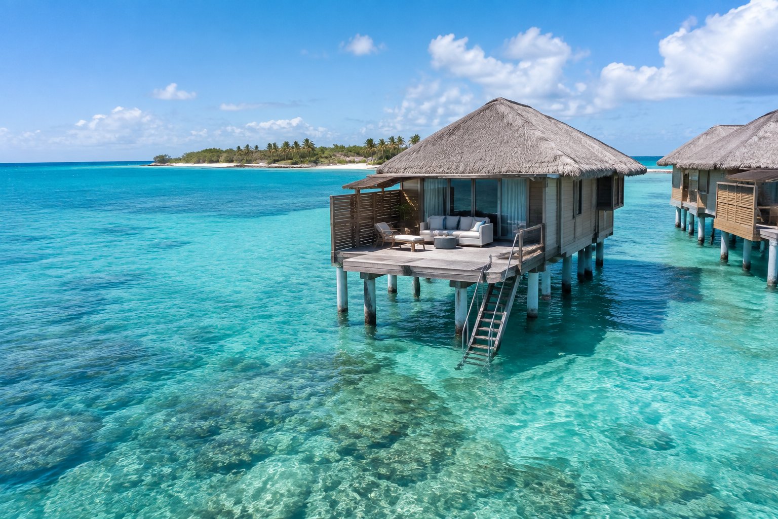 A luxury overwater bungalow with a private deck above clear turquoise water near Aruba.