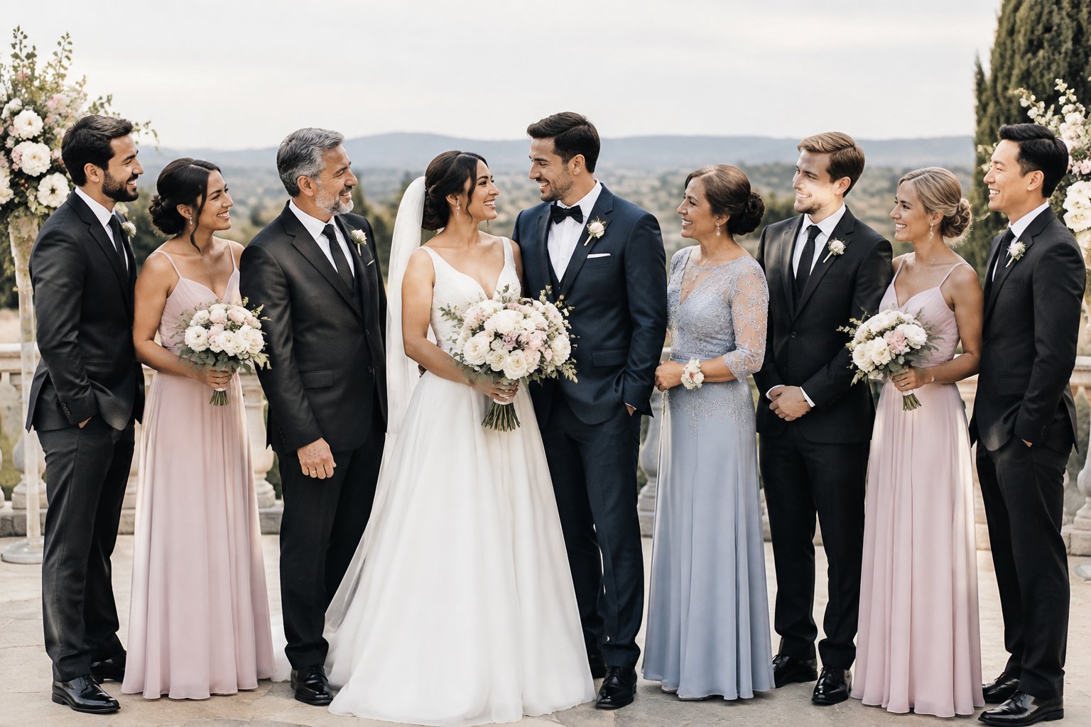 A bride and groom stand with their wedding party while their formally dressed parents celebrate nearby.