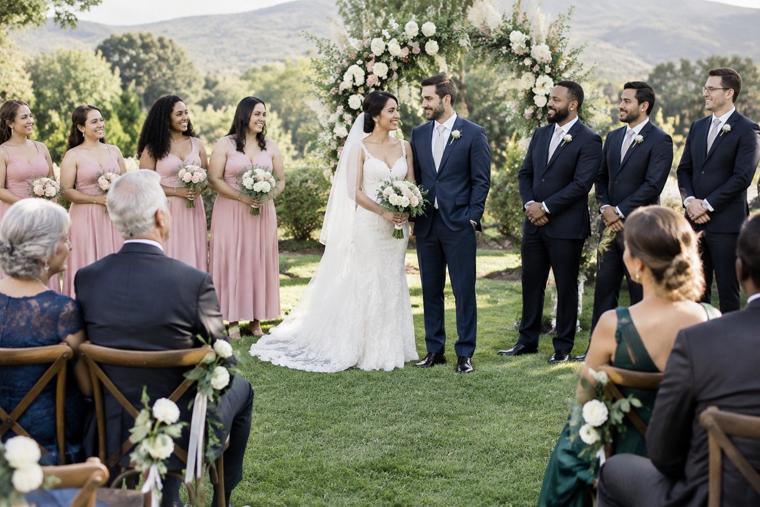 A bride and groom stand with their wedding party while their parents are honored nearby.