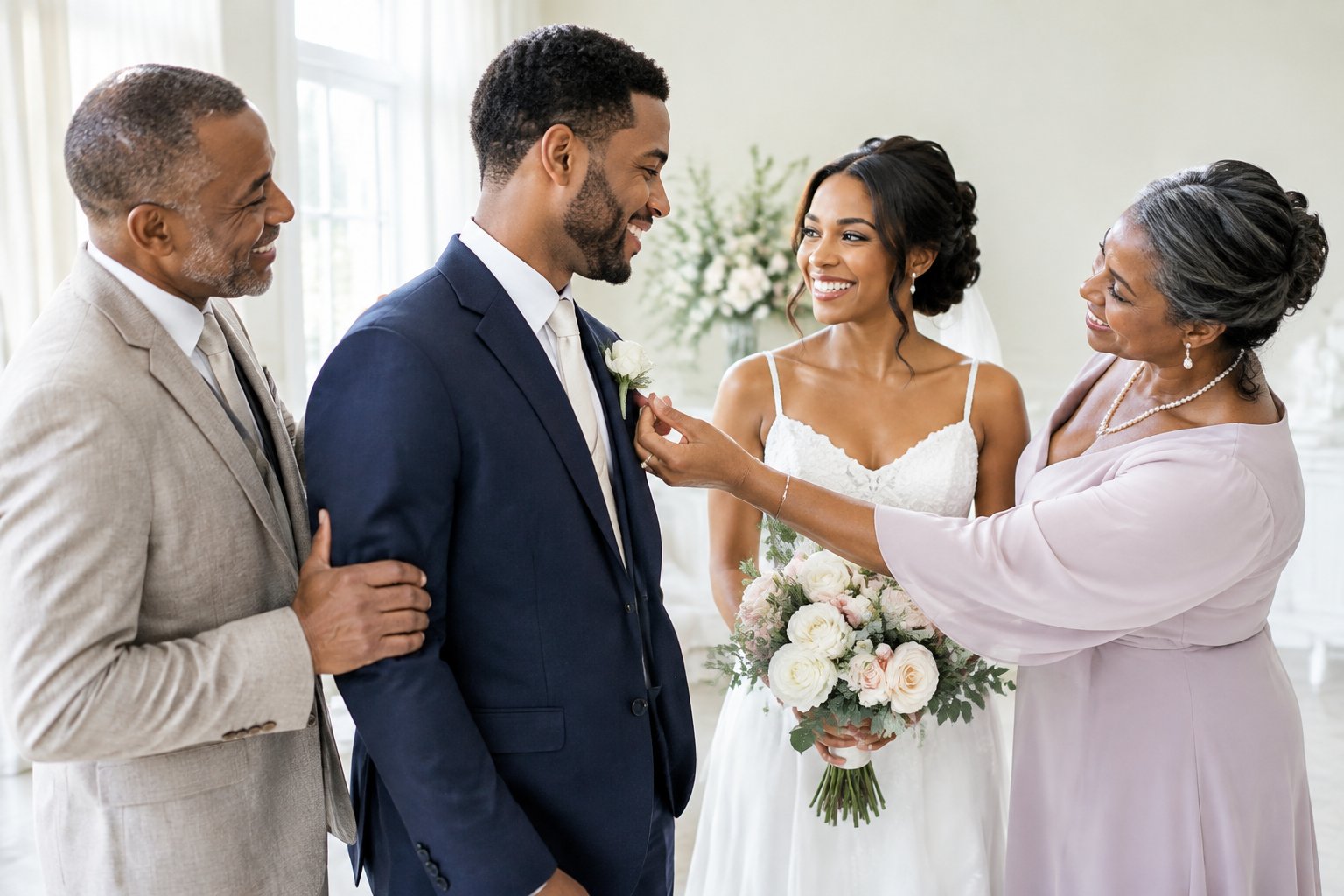 A couple shares a warm moment with their parents during wedding preparations.