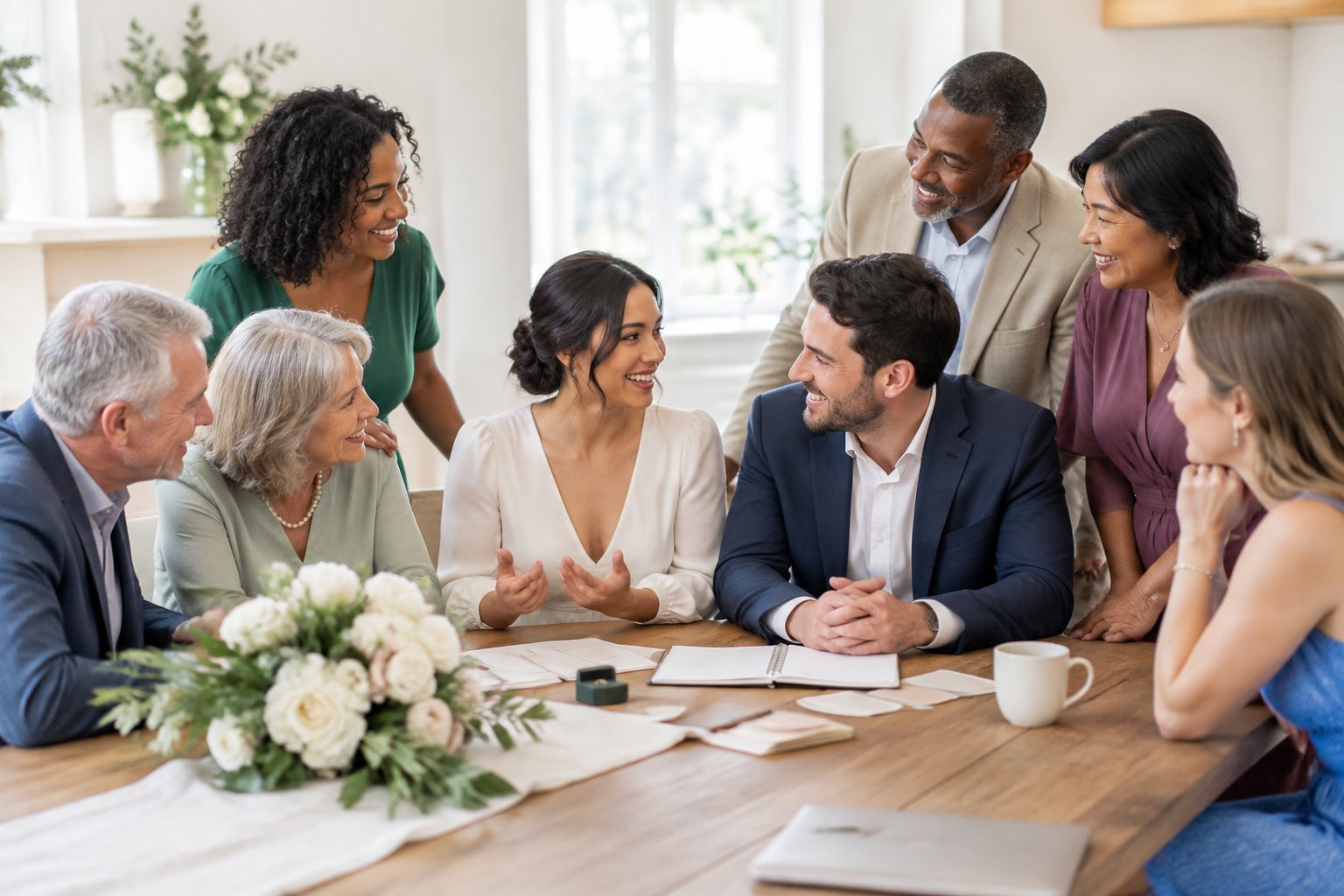 An engaged couple discusses wedding roles with their parents and close friends around a table.