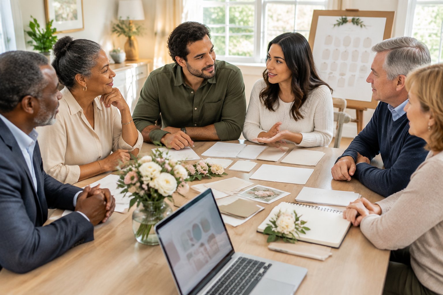 An engaged couple discusses wedding plans with their parents around a dining table.