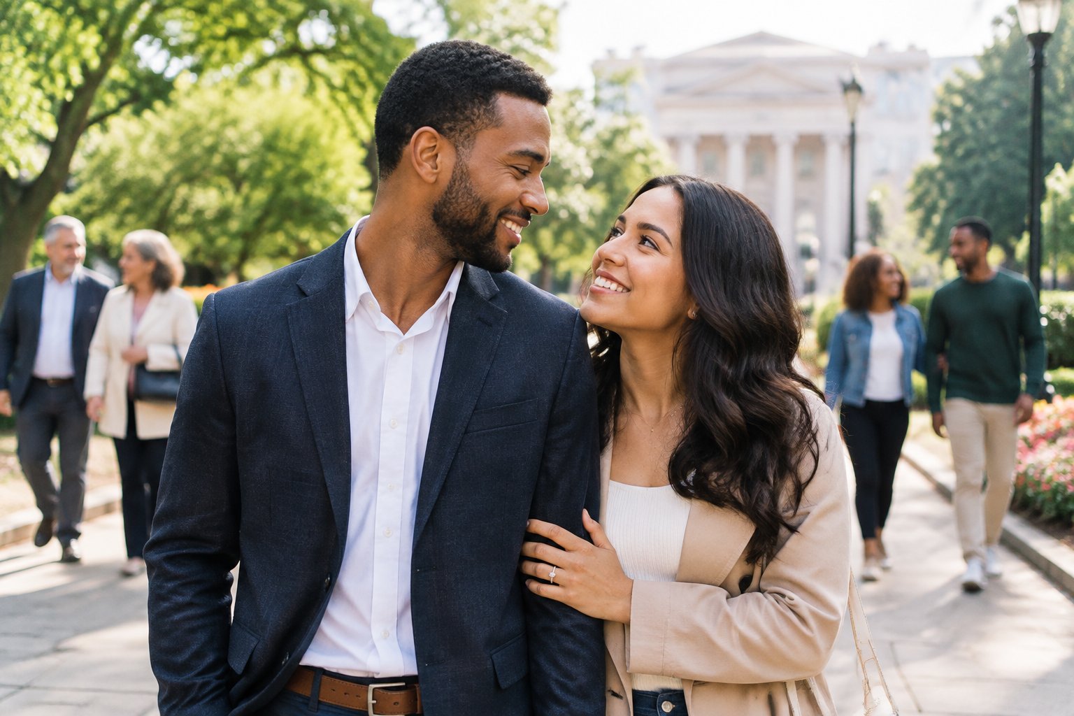 A diverse adult couple stands together in a sunny city park while other couples walk in the background.