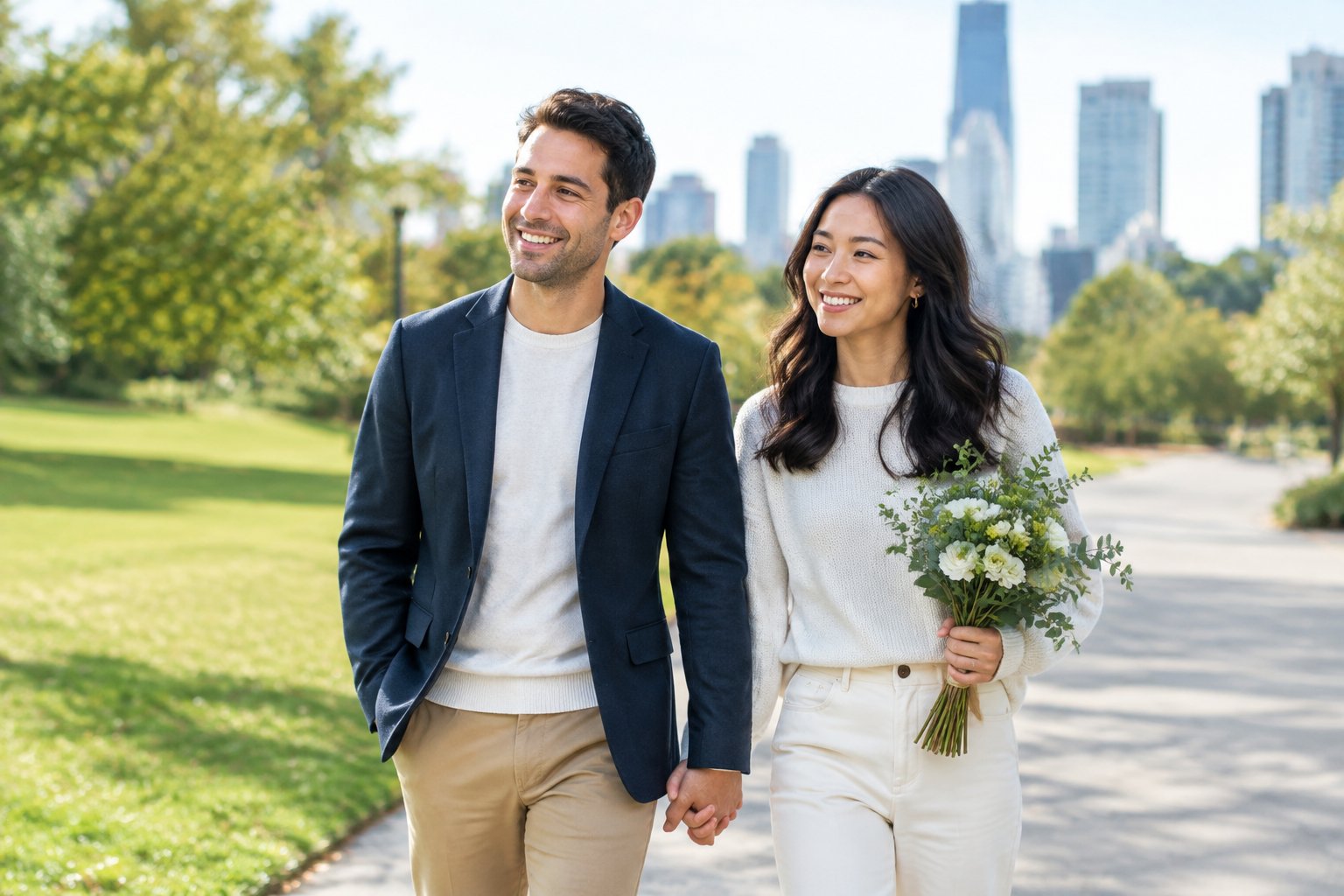 A happy adult couple in their late twenties or early thirties walking together outdoors.
