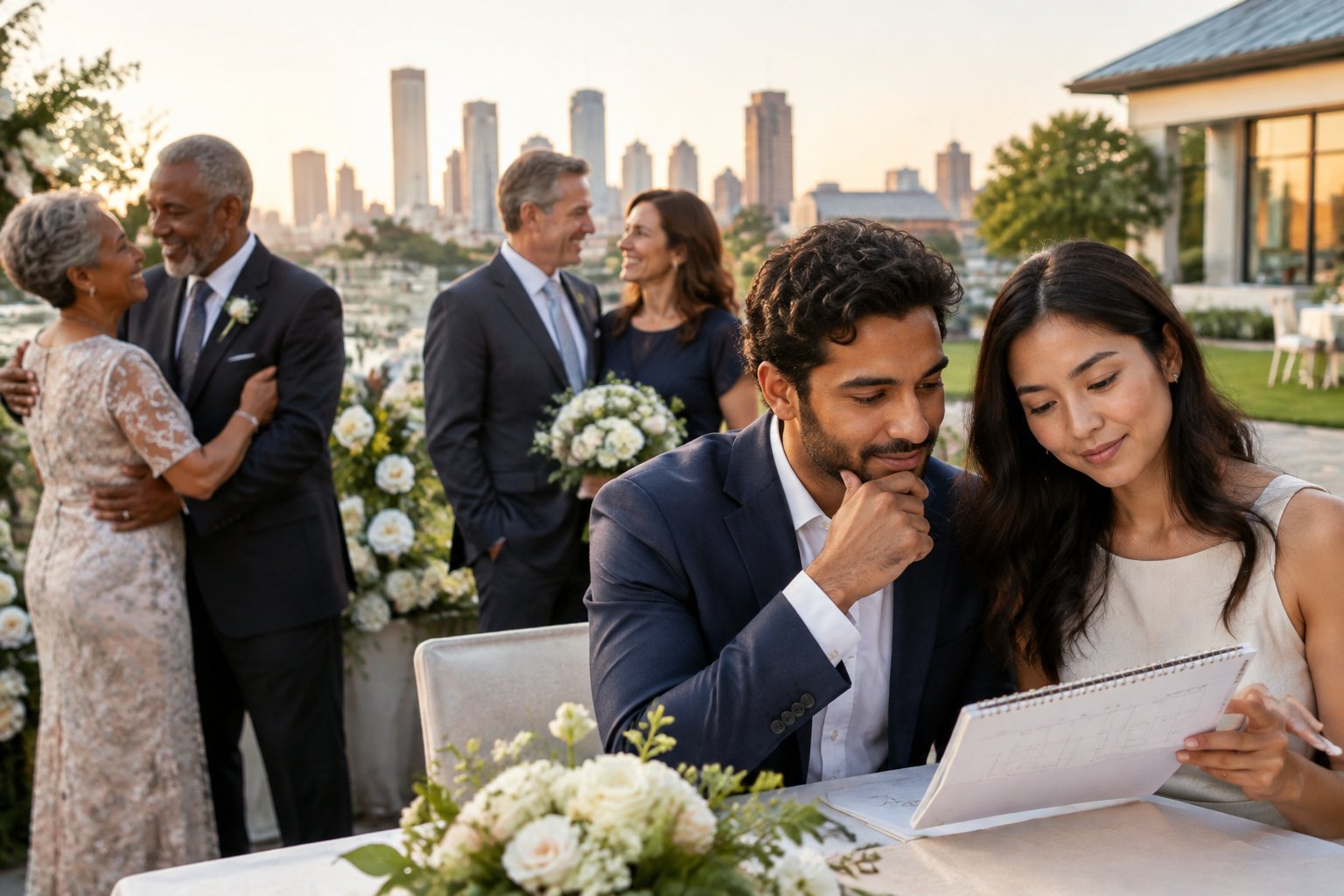 A multigenerational group gathers at an outdoor wedding celebration, with younger and older couples representing different life stages.