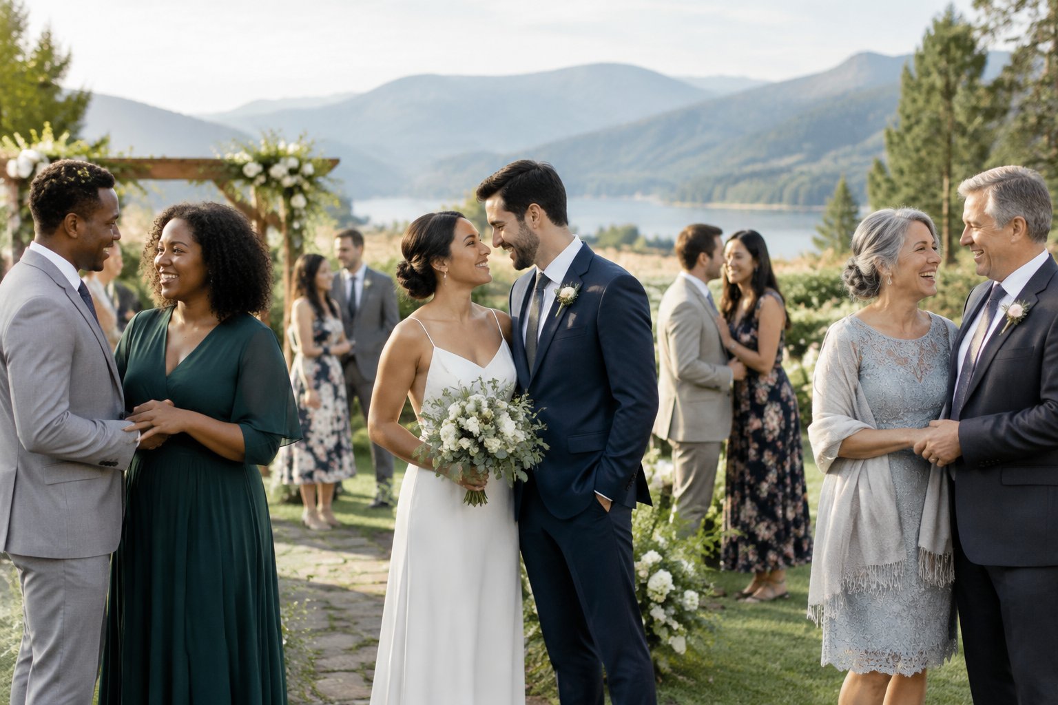 Diverse adult couples of different ages celebrating together at an outdoor wedding.