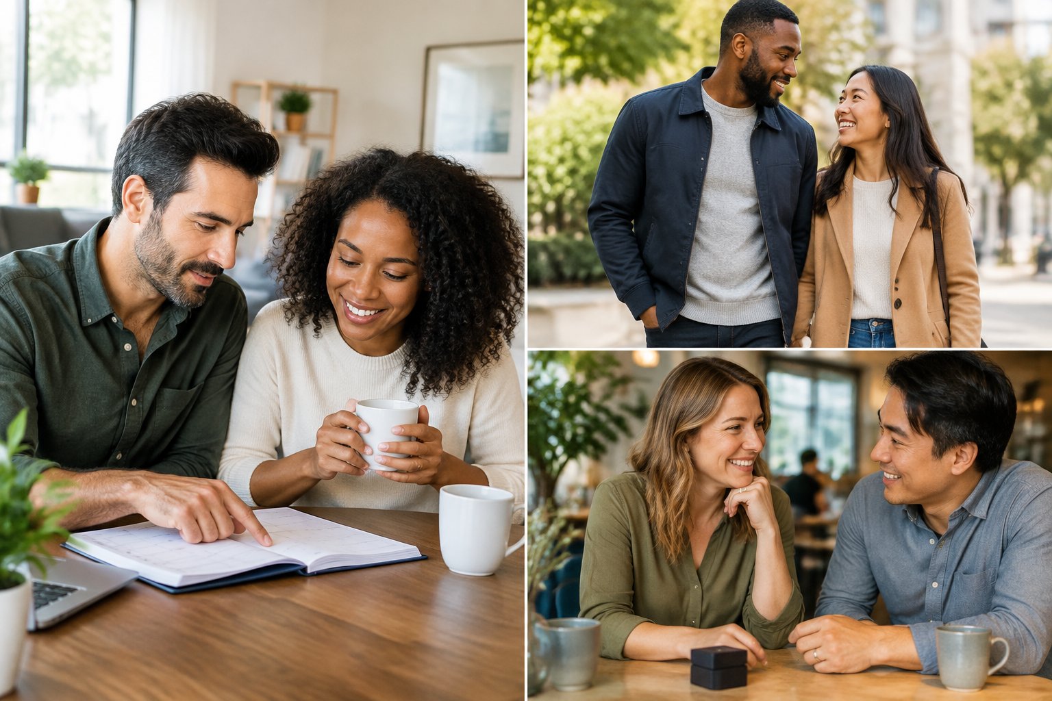 Diverse adult couples discuss their relationships and future plans in a bright, relaxed setting.