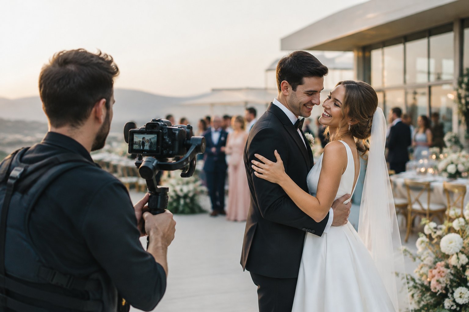 A newlywed couple embraces while a videographer records them at an outdoor wedding.