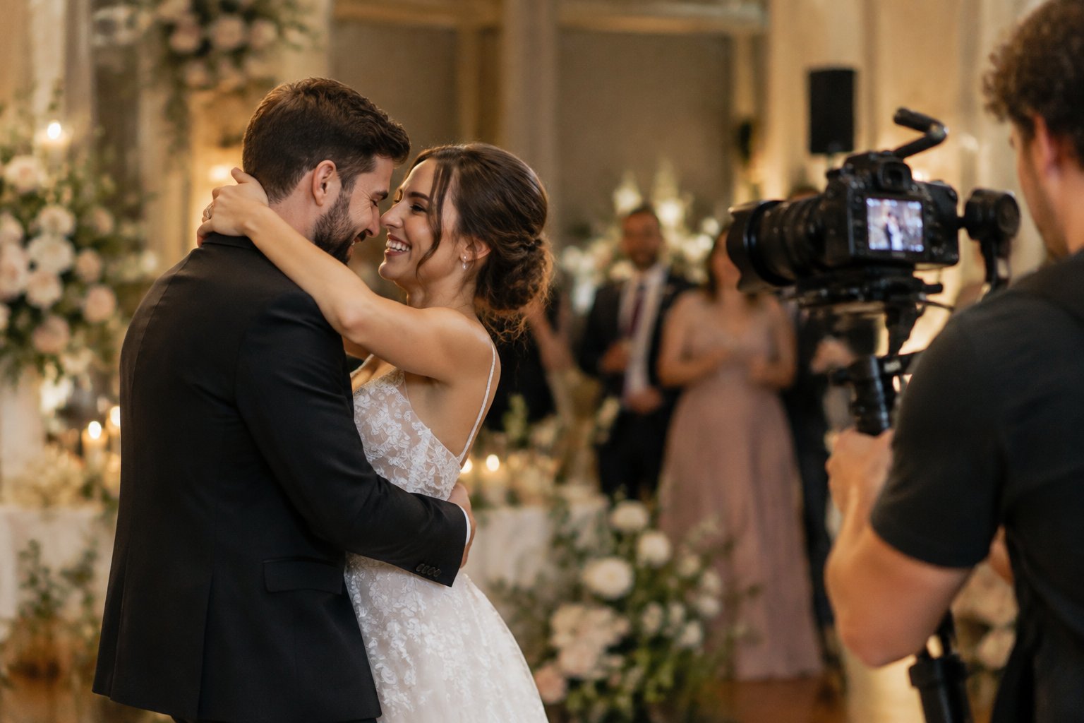 Newlywed couple embracing at their reception while a videographer records them.