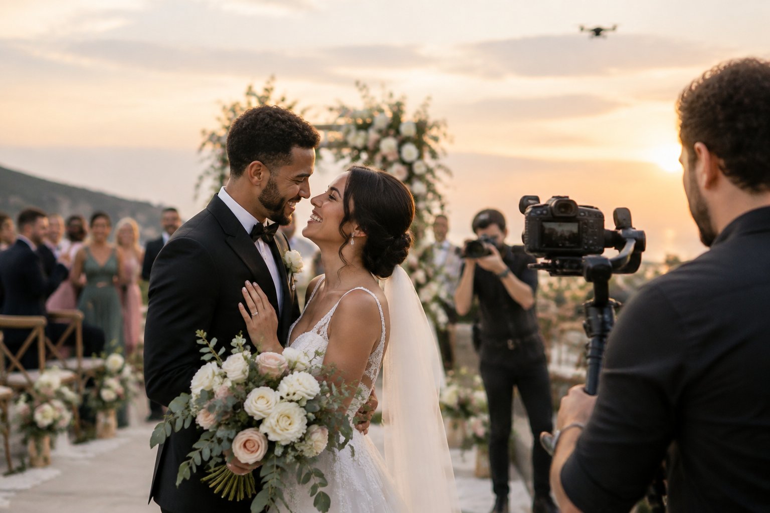 Newlywed couple shares a joyful moment while a professional videographer records them at a wedding venue.