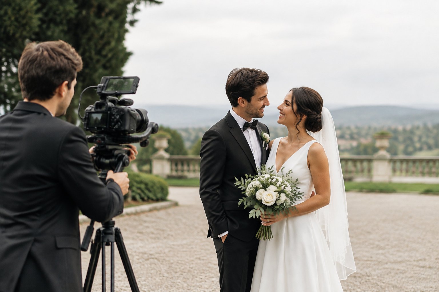 A newlywed couple shares a joyful moment while a videographer records them outdoors.
