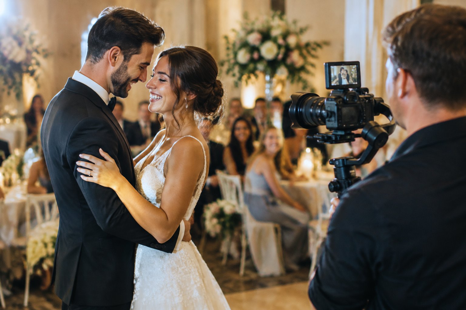 A newlywed couple shares a joyful moment while a videographer records them at their wedding reception.