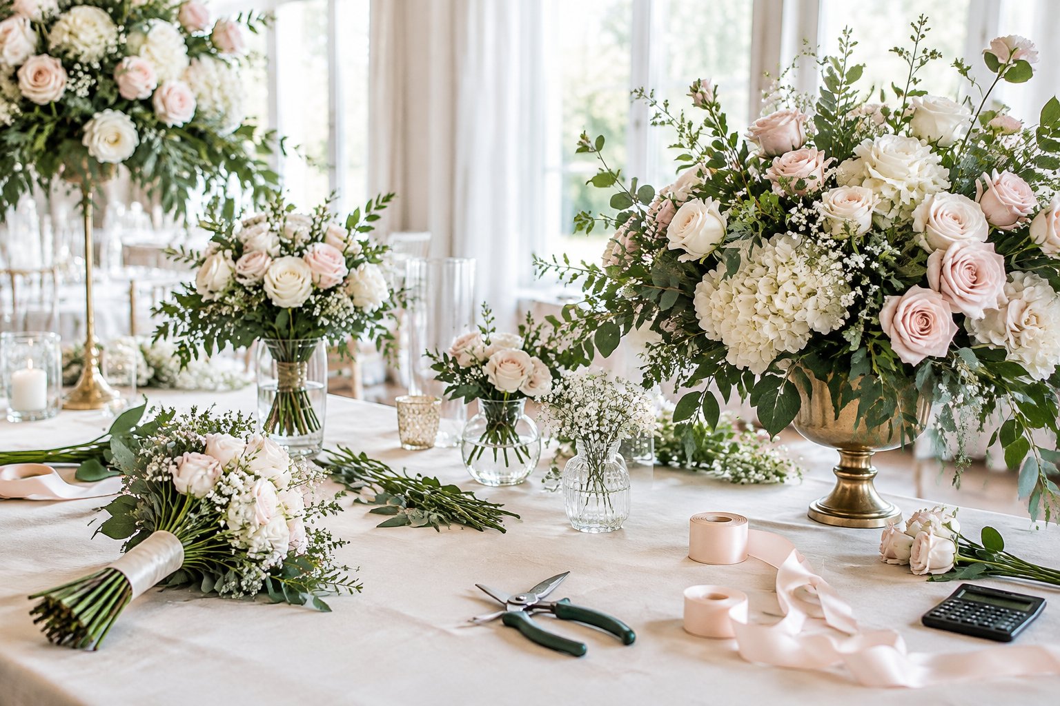 Wedding floral arrangements and supplies are displayed on a reception table.