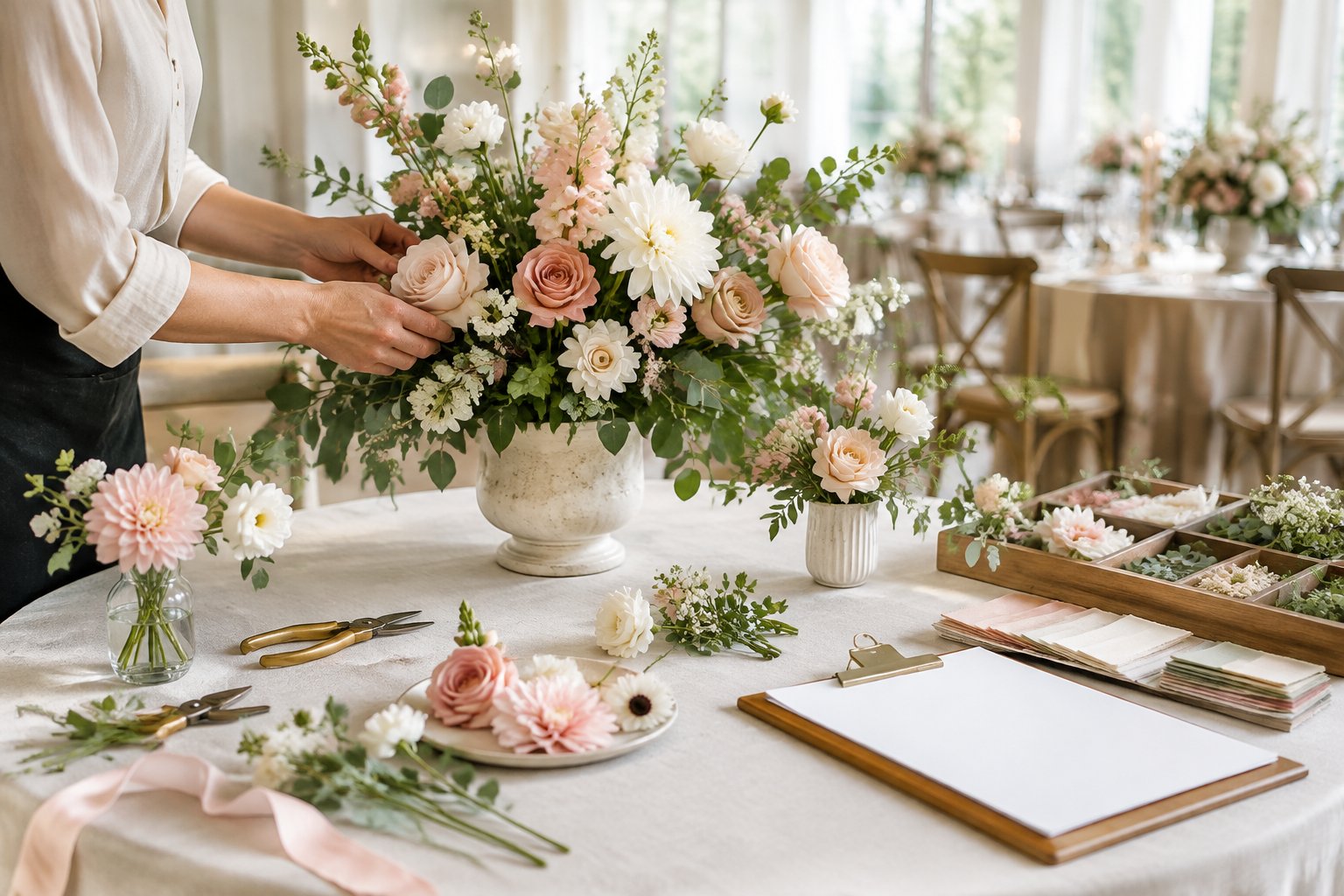 A florist arranges a wedding centerpiece among flowers, greenery, tools, and organized floral samples.