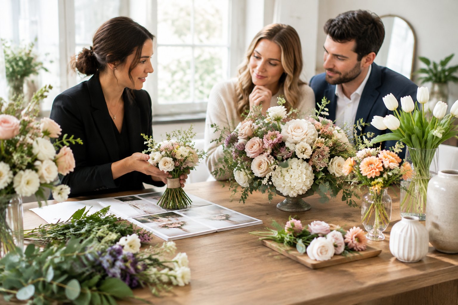 A florist and engaged couple compare wedding flowers and arrangement options at a consultation table.