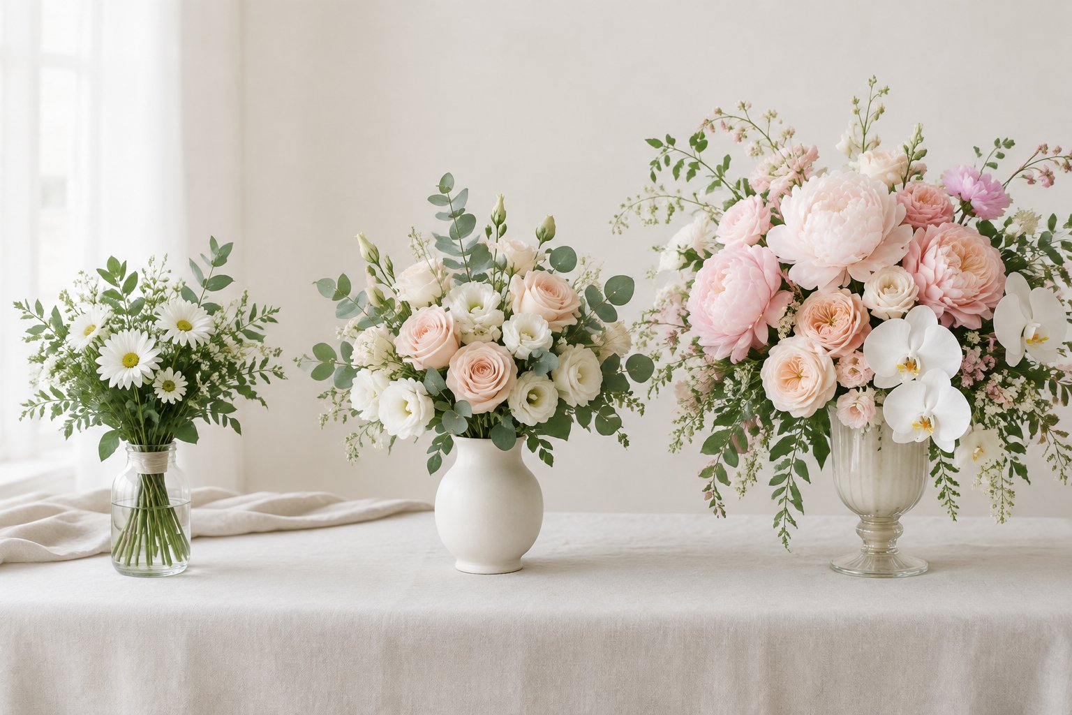 Three wedding floral arrangements show simple, mid-range, and luxurious flower options arranged from modest to abundant.