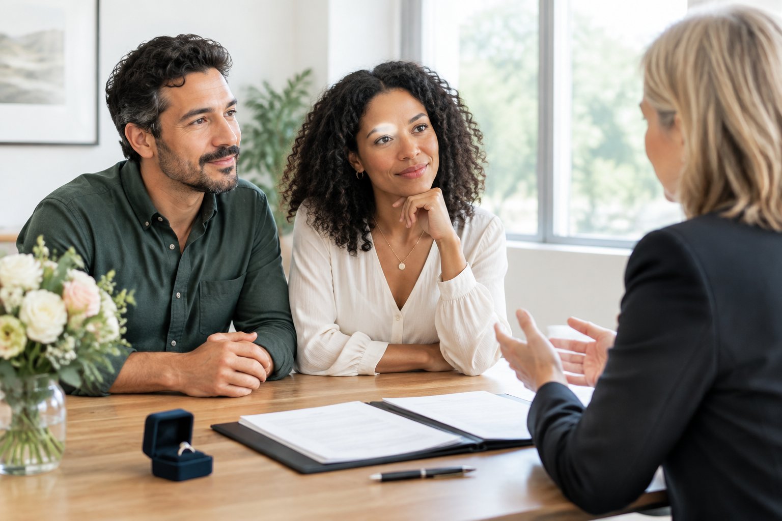 A couple discusses marriage paperwork with a celebrant or legal adviser in a bright office.