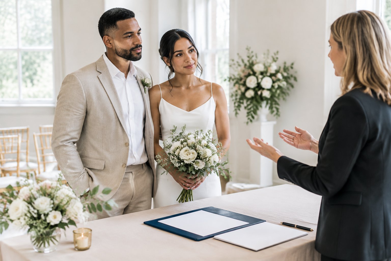A couple listens to a celebrant during a wedding ceremony beside a table with blank official-looking papers.