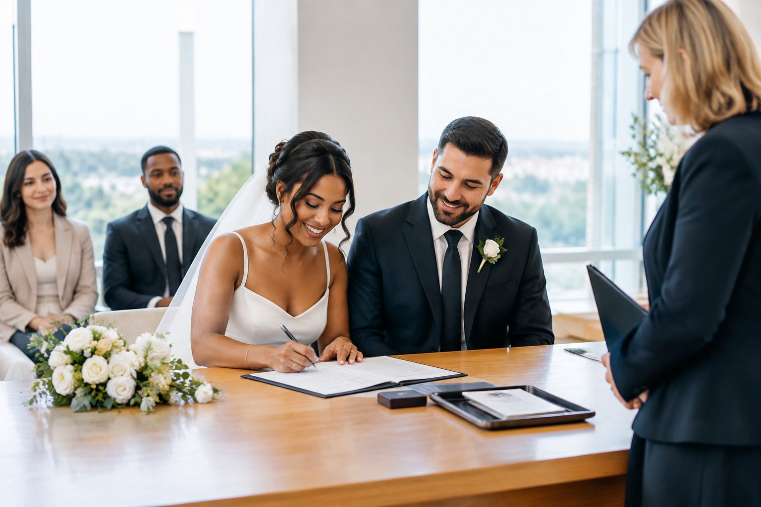 A celebrant oversees a couple signing marriage documents during a formal wedding ceremony.