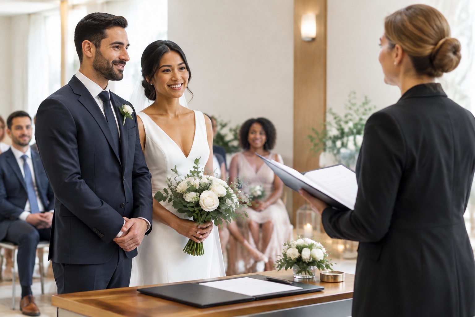 A celebrant conducts a marriage ceremony for a couple in a modern venue while guests watch.